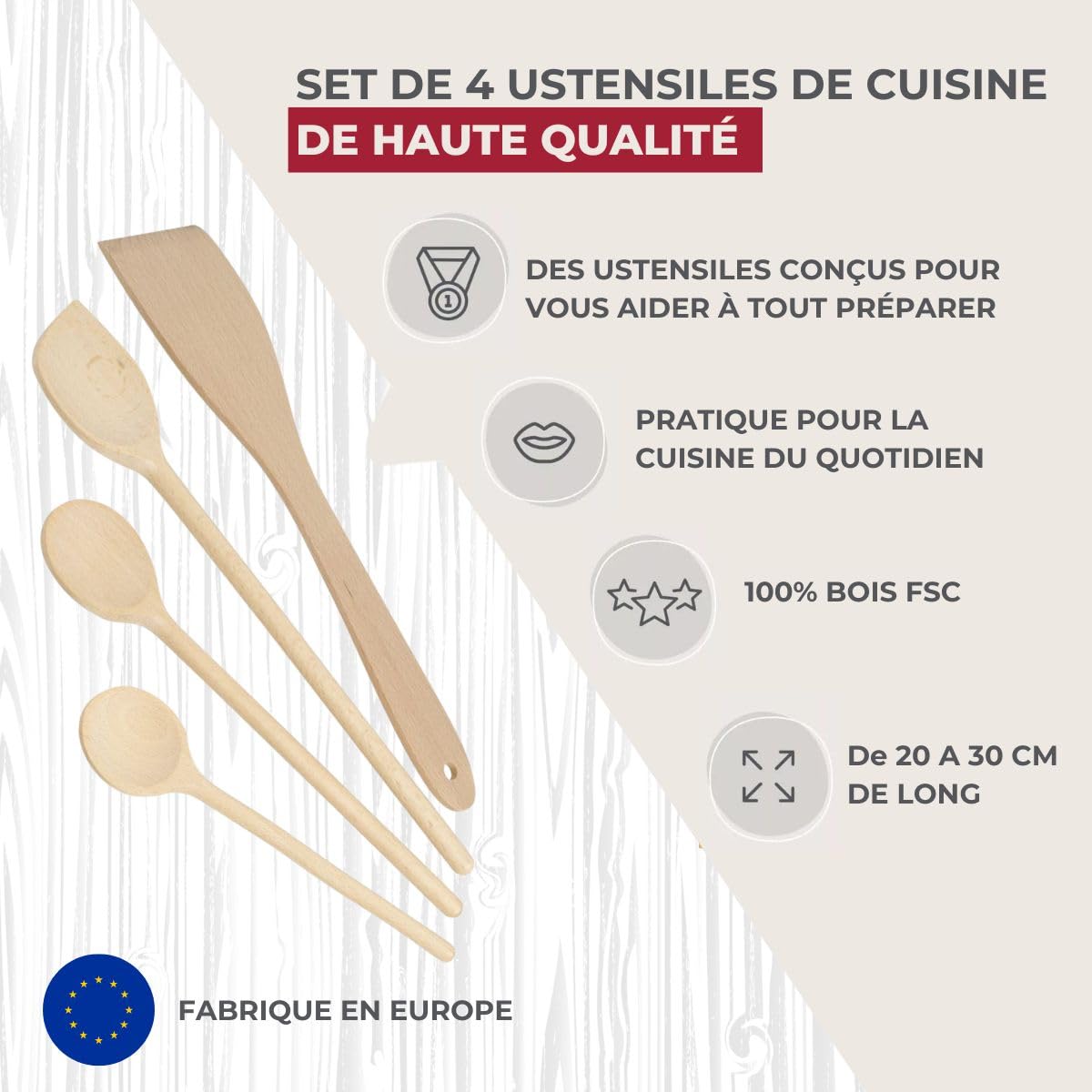 fackelmann 31125 set de 4 ustensiles de cuisine en bois, lot de spatules et cuillères de cuisine en bois, bois certifié fsc, 20cm, 25cm, 30cm, brun fackelmann 31125 set de 4 ustensiles de cuisine en bois, lot de spatules et cuillères de cuisine en bois, bois certifié fsc, 20cm, 25cm, 30cm, brun