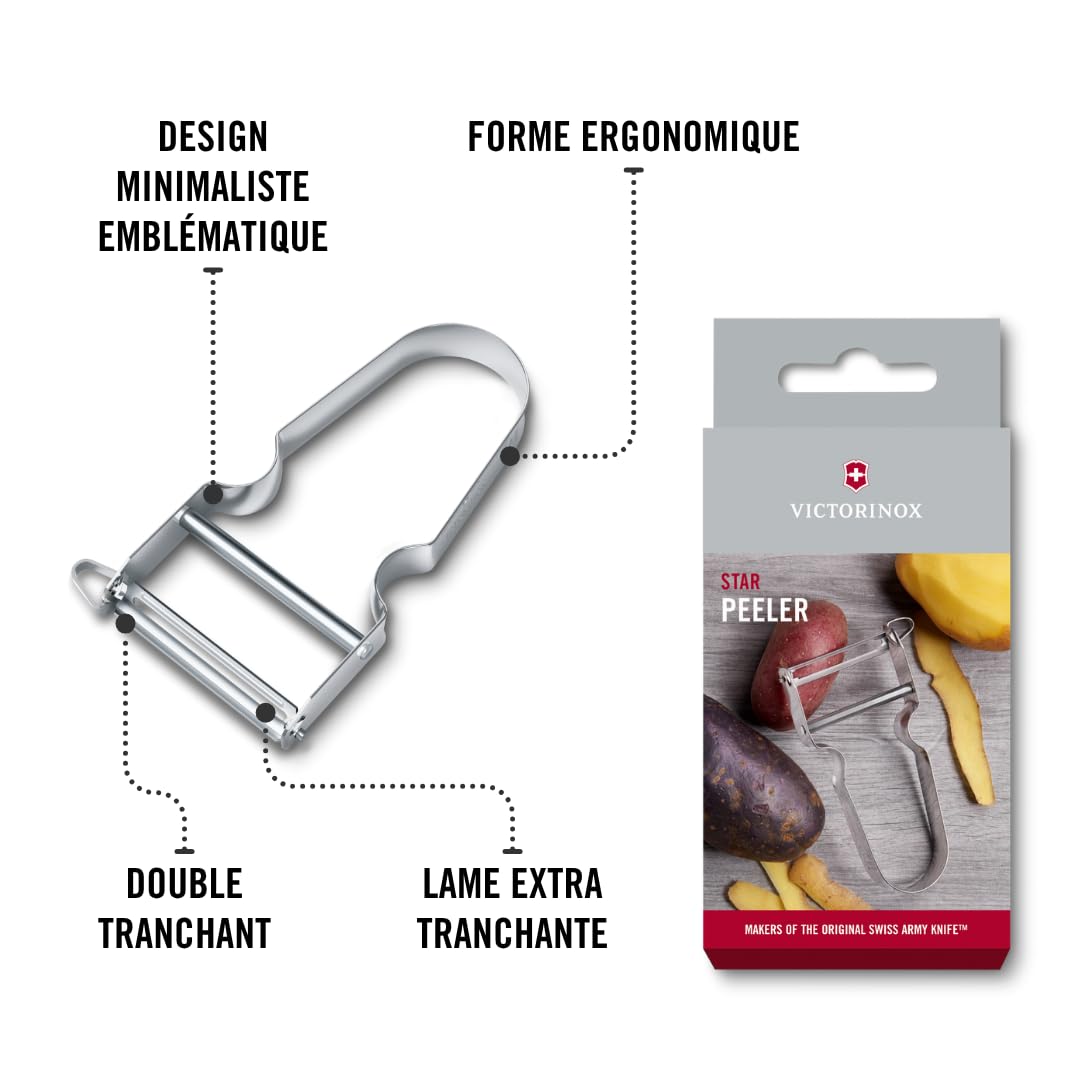 victorinox Éplucheur star, Éplucheur de pommes de terre, double tranchant avec lame pendulaire, extra tranchant, manche métal, swiss made victorinox Éplucheur star, Éplucheur de pommes de terre, double tranchant avec lame pendulaire, extra tranchant, manche métal, swiss made