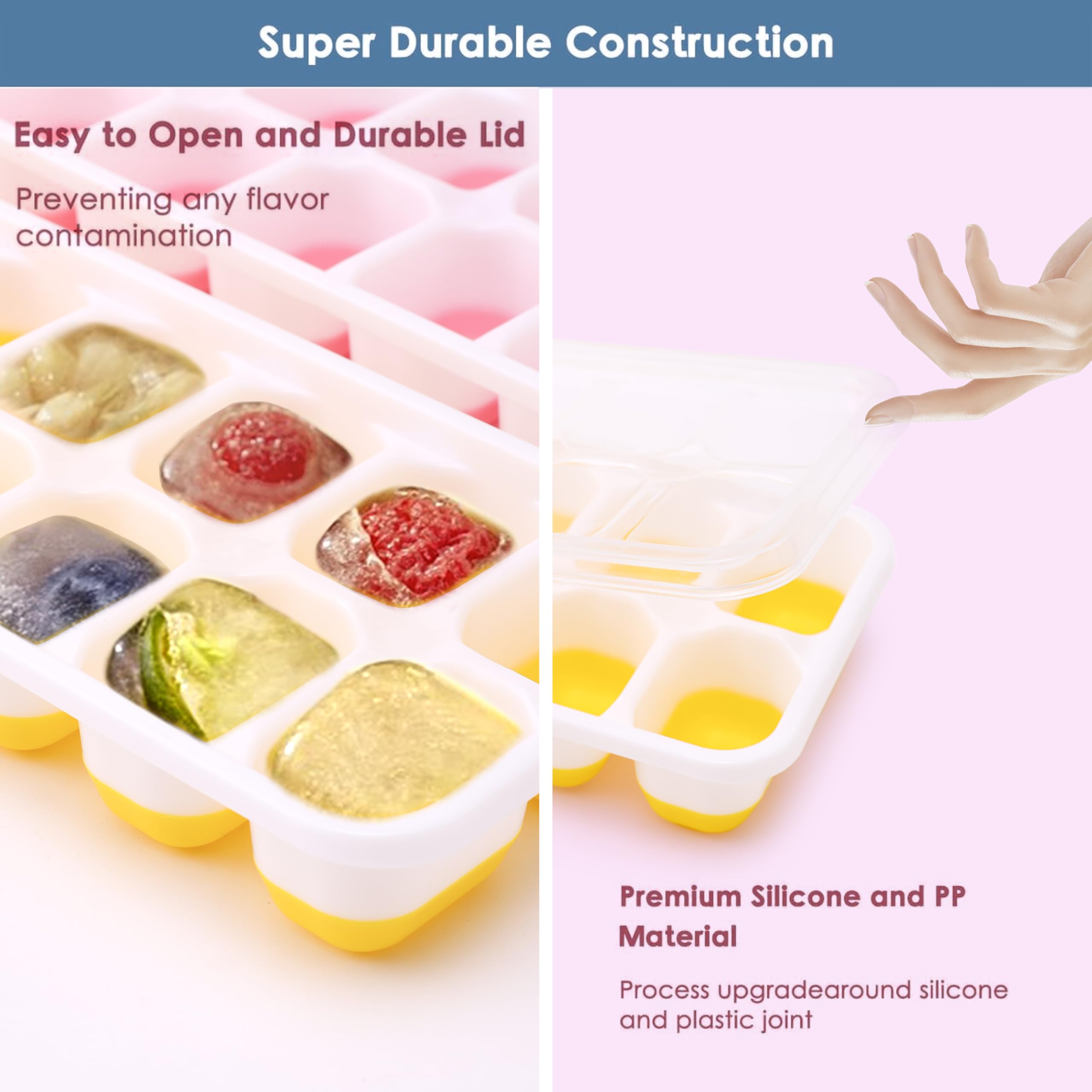 lot de 4 bacs à glaçons en silicone avec couvercle sans bpa empilables sûr et sain pour bouillie de bébé, cocktail, whisky, café (2 roses + 2 jaunes) lot de 4 bacs à glaçons en silicone avec couvercle sans bpa empilables sûr et sain pour bouillie de bébé, cocktail, whisky, café (2 roses + 2 jaunes)